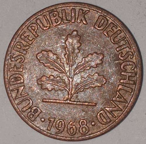 1968 F - 1 PFENNIG - ONE PFENNIG - GERMANY - FEDERAL REPUBLIC - (Copper Plated Steel)